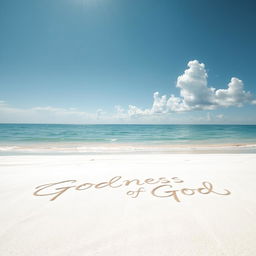 A tranquil beach scene featuring fine white sand stretching under gentle sunlight