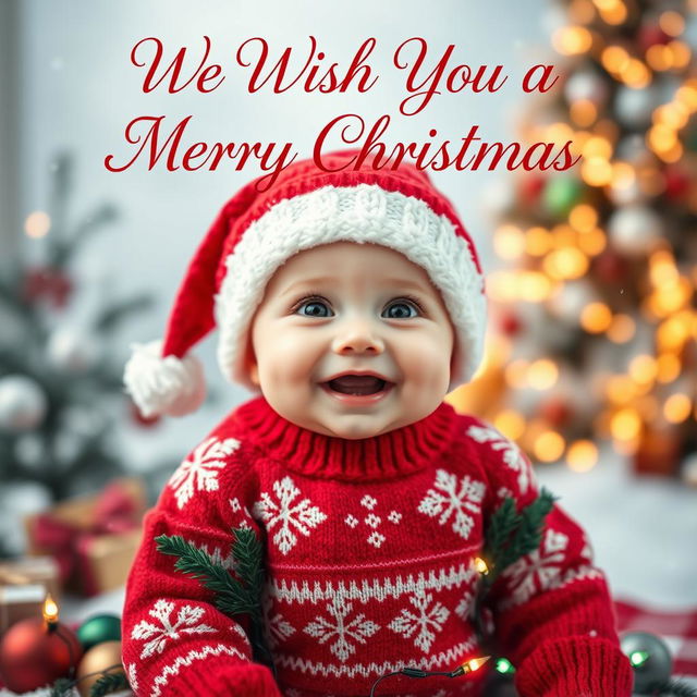 A festive 'We Wish You a Merry Christmas' greeting card template featuring a cute baby with a joyful expression