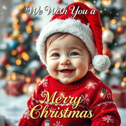A festive 'We Wish You a Merry Christmas' greeting card template featuring a cute baby with a joyful expression