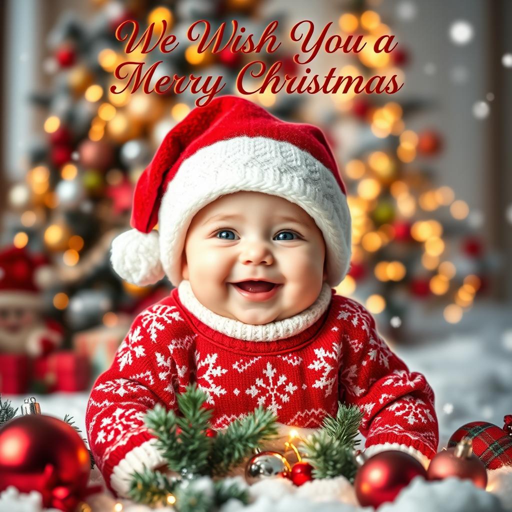 A festive 'We Wish You a Merry Christmas' greeting card template featuring a cute baby with a joyful expression