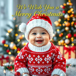 A festive 'We Wish You a Merry Christmas' greeting card template featuring a cute baby with a joyful expression