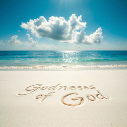 A serene beach scene with fine white sand stretching under gentle sunlight