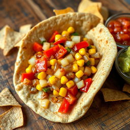 A delicious whole wheat tortilla filled with gooey melted cheese, sautéed chopped onions, cooked red bell peppers, and sweet corn