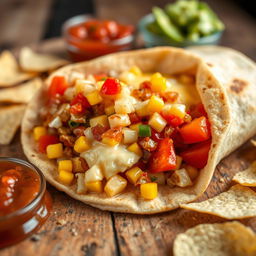 A delicious whole wheat tortilla filled with gooey melted cheese, sautéed chopped onions, cooked red bell peppers, and sweet corn