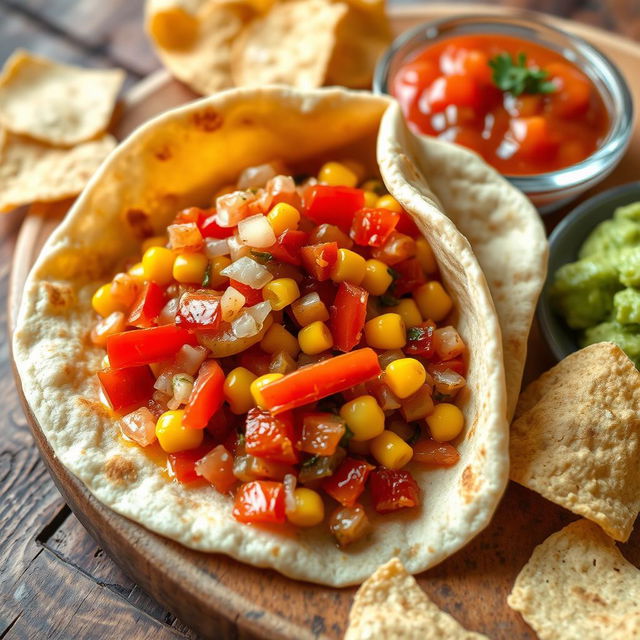 A delicious whole wheat tortilla filled with gooey melted cheese, sautéed chopped onions, cooked red bell peppers, and sweet corn