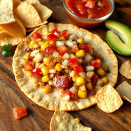 A delicious whole wheat tortilla filled with gooey melted cheese, sautéed chopped onions, cooked red bell peppers, and sweet corn
