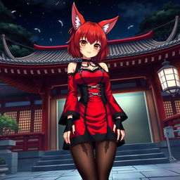 A sexy gothic anime girl, Kitsune, with shoulder-length red hair and fiery red eyes, standing outside a traditional Japanese temple at night