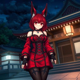 A sexy gothic anime girl, Kitsune, with shoulder-length red hair and fiery red eyes, standing outside a traditional Japanese temple at night