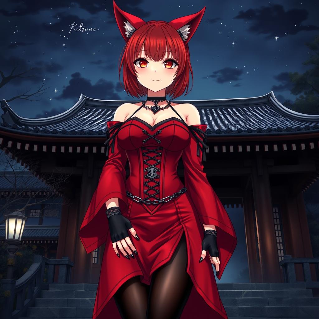 A sexy gothic anime girl, Kitsune, with shoulder-length red hair and fiery red eyes, standing outside a traditional Japanese temple at night