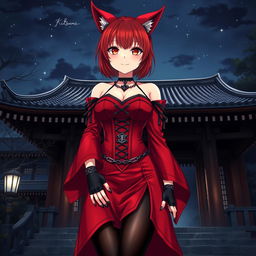 A sexy gothic anime girl, Kitsune, with shoulder-length red hair and fiery red eyes, standing outside a traditional Japanese temple at night