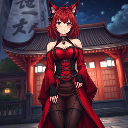 A sexy gothic anime girl, Kitsune, with shoulder-length red hair and fiery red eyes, standing outside a traditional Japanese temple at night
