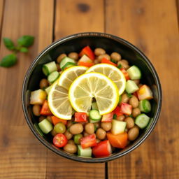 A vibrant bowl of brown fava bean salad, featuring whole fava beans along with diced cucumbers and diced tomatoes, elegantly drizzled with olive oil