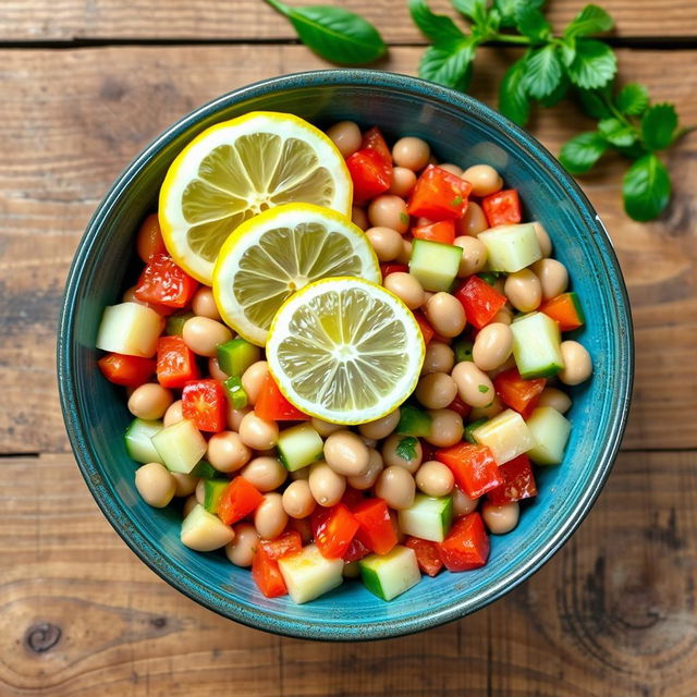 A vibrant bowl of brown fava bean salad, featuring whole fava beans along with diced cucumbers and diced tomatoes, elegantly drizzled with olive oil