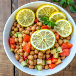 A vibrant bowl of brown fava bean salad, featuring whole fava beans along with diced cucumbers and diced tomatoes, elegantly drizzled with olive oil