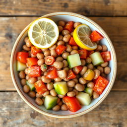 A vibrant bowl of brown fava bean salad, featuring whole fava beans along with diced cucumbers and diced tomatoes, elegantly drizzled with olive oil