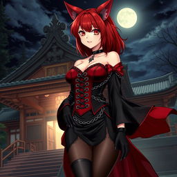 A sexy gothic anime girl, Kitsune, with shoulder-length red hair and fiery red eyes, standing outside a traditional Japanese temple at night