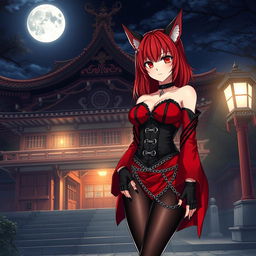 A sexy gothic anime girl, Kitsune, with shoulder-length red hair and fiery red eyes, standing outside a traditional Japanese temple at night