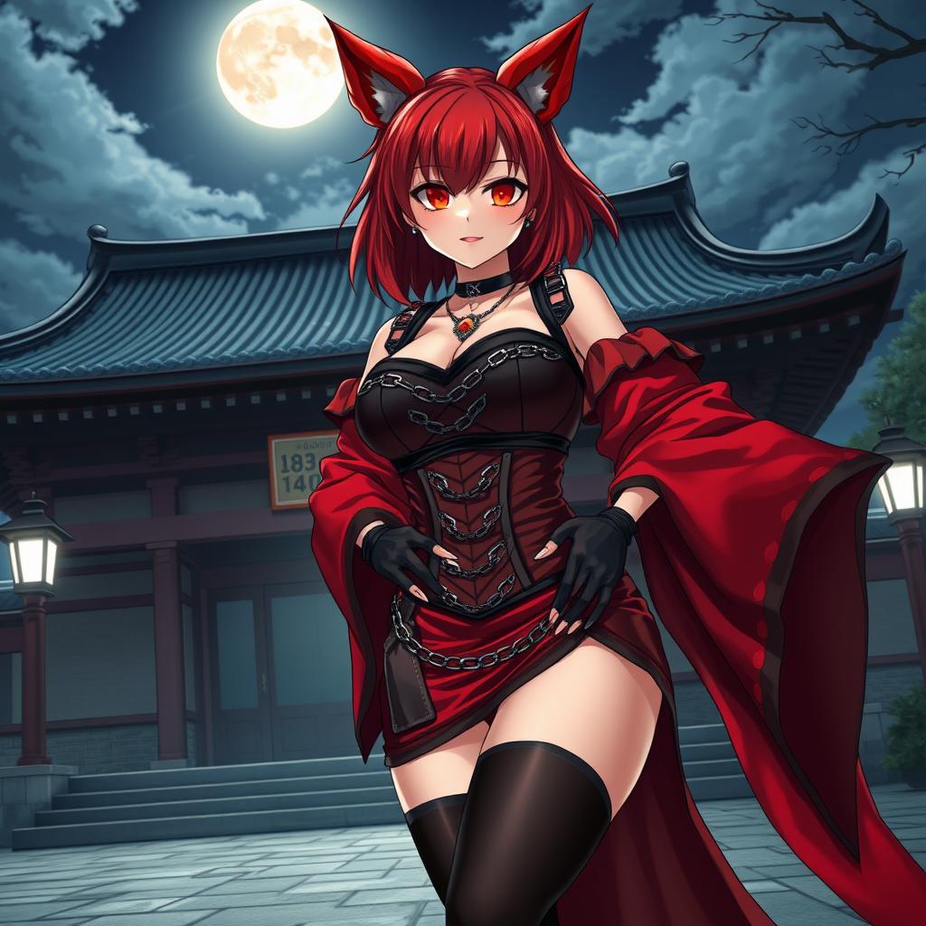 A sexy gothic anime girl, Kitsune, with shoulder-length red hair and fiery red eyes, standing outside a traditional Japanese temple at night