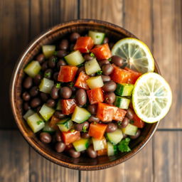 A medium-sized bowl of dark brown fava bean salad with whole mashing beans, diced cucumber, chopped tomatoes, drizzled with olive oil, and garnished with lemon slices