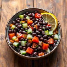 A medium-sized bowl of dark brown fava bean salad with whole mashing beans, diced cucumber, chopped tomatoes, drizzled with olive oil, and garnished with lemon slices