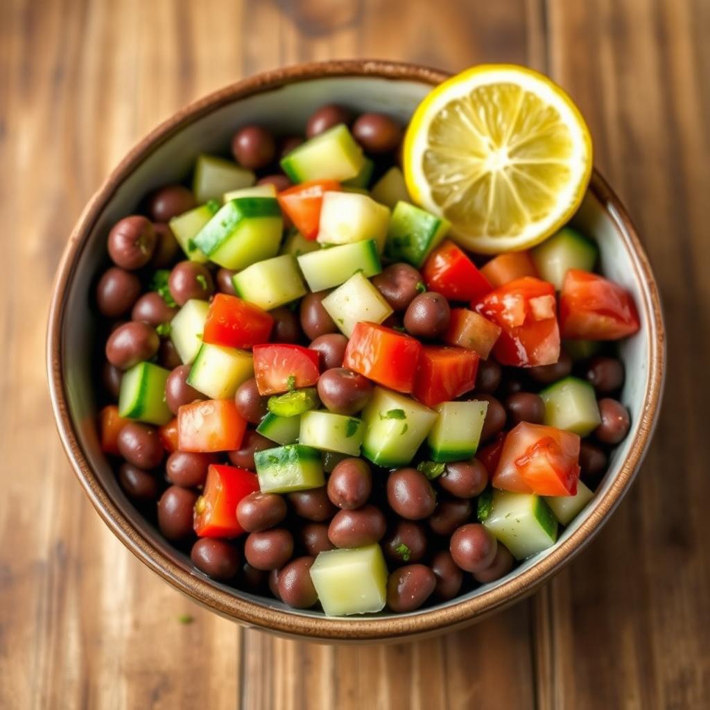 A medium-sized bowl of dark brown fava bean salad with whole mashing beans, diced cucumber, chopped tomatoes, drizzled with olive oil, and garnished with lemon slices