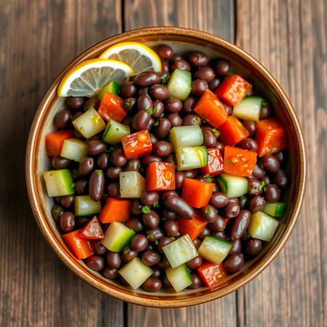 A medium-sized bowl of dark brown fava bean salad with whole mashing beans, diced cucumber, chopped tomatoes, drizzled with olive oil, and garnished with lemon slices