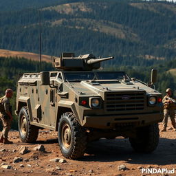 A highly detailed and realistic military vehicle, showcasing a Pindad armored vehicle in an outdoor setting
