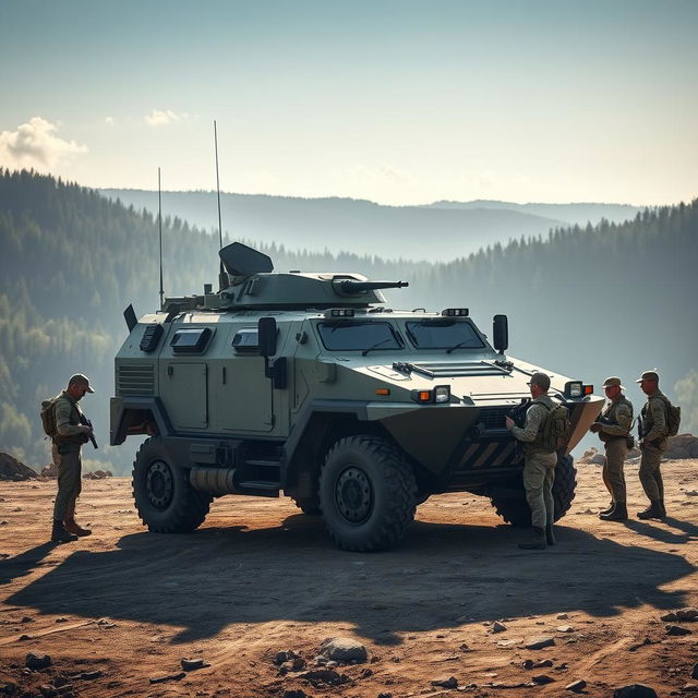 A highly detailed and realistic military vehicle, showcasing a Pindad armored vehicle in an outdoor setting