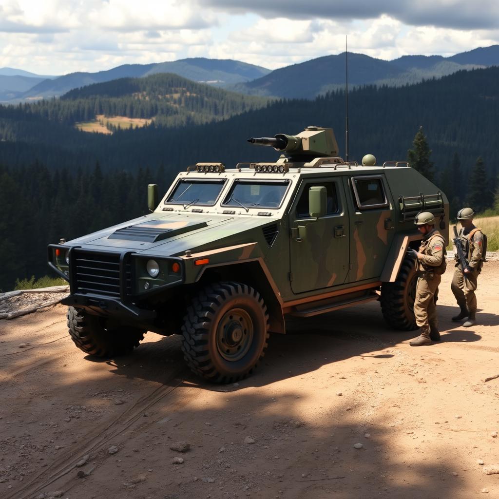 A highly detailed and realistic military vehicle, showcasing a Pindad armored vehicle in an outdoor setting