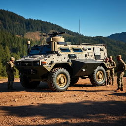 A highly detailed and realistic military vehicle, showcasing a Pindad armored vehicle in an outdoor setting
