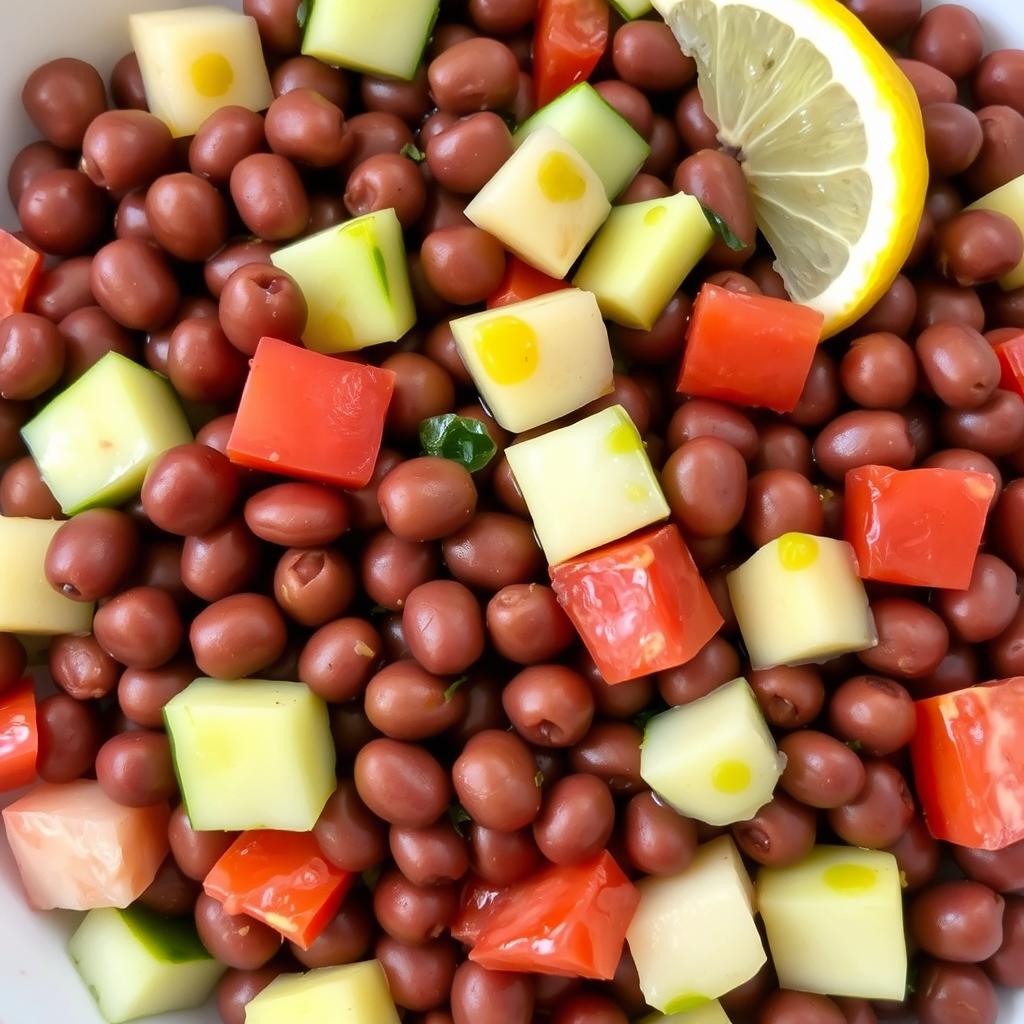 A dark brown fava bean salad, featuring medium-sized fava beans that are mashed