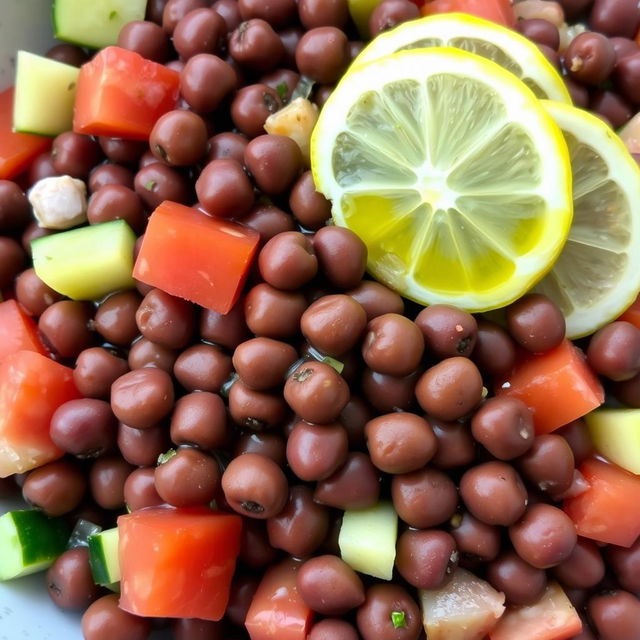 A dark brown fava bean salad, featuring medium-sized fava beans that are mashed