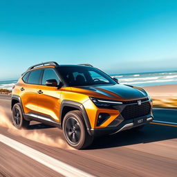 A sleek Pindad Maung car cruising along a scenic coastal road, showcasing its modern design and military-inspired features