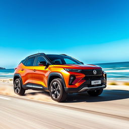 A sleek Pindad Maung car cruising along a scenic coastal road, showcasing its modern design and military-inspired features