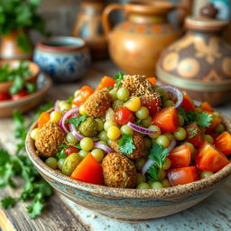 A colorful Egyptian falafel salad, featuring vibrant green fava beans, fresh tomatoes, cucumbers, red onion, and parsley, all tossed together in a light lemon-garlic vinaigrette