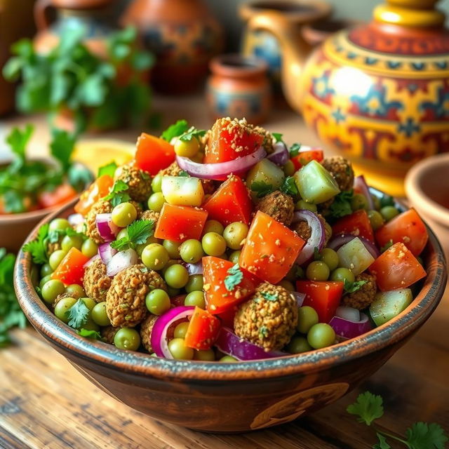 A colorful Egyptian falafel salad, featuring vibrant green fava beans, fresh tomatoes, cucumbers, red onion, and parsley, all tossed together in a light lemon-garlic vinaigrette