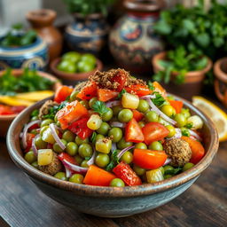 A colorful Egyptian falafel salad, featuring vibrant green fava beans, fresh tomatoes, cucumbers, red onion, and parsley, all tossed together in a light lemon-garlic vinaigrette