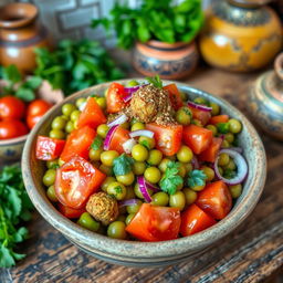 A colorful Egyptian falafel salad, featuring vibrant green fava beans, fresh tomatoes, cucumbers, red onion, and parsley, all tossed together in a light lemon-garlic vinaigrette