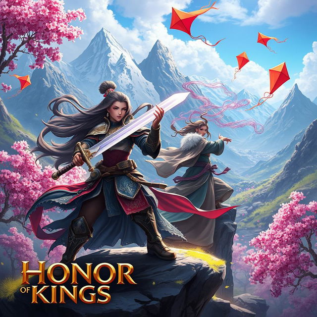 A vibrant, dynamic scene inspired by the game Honor of Kings, featuring heroic characters clad in intricate armor and traditional attire