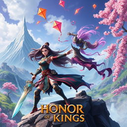 A vibrant, dynamic scene inspired by the game Honor of Kings, featuring heroic characters clad in intricate armor and traditional attire