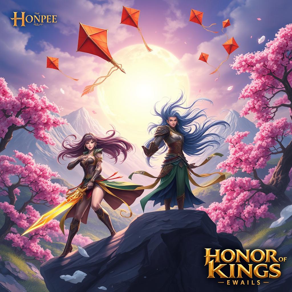 A vibrant, dynamic scene inspired by the game Honor of Kings, featuring heroic characters clad in intricate armor and traditional attire