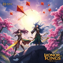 A vibrant, dynamic scene inspired by the game Honor of Kings, featuring heroic characters clad in intricate armor and traditional attire