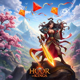 A vibrant, dynamic scene inspired by the game Honor of Kings, featuring heroic characters clad in intricate armor and traditional attire