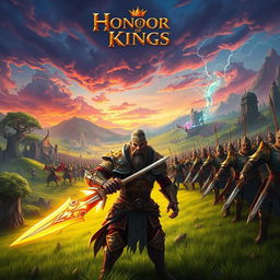 An epic fantasy battle scene inspired by the game 'Honor of Kings', showcasing a diverse group of heroic warriors in ornate, detailed armor emblazoned with mythical symbols