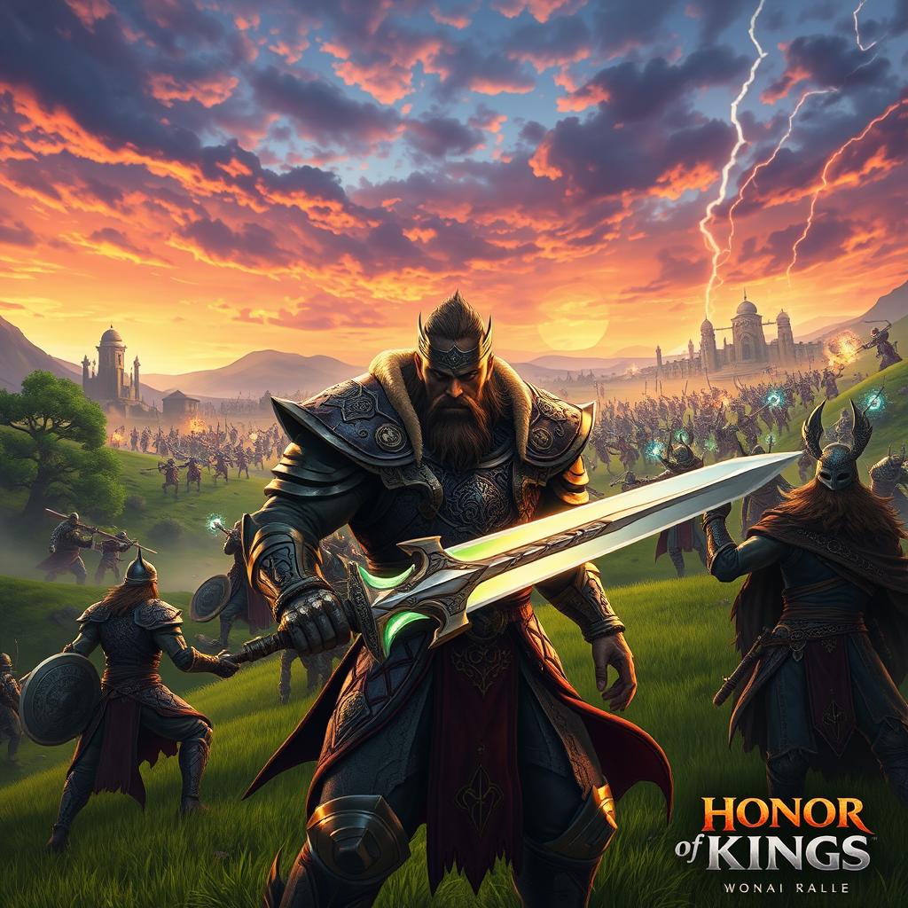 An epic fantasy battle scene inspired by the game 'Honor of Kings', showcasing a diverse group of heroic warriors in ornate, detailed armor emblazoned with mythical symbols