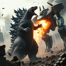 An epic battle scene featuring Godzilla clashing with a towering Jaeger from Pacific Rim