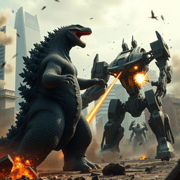 An epic battle scene featuring Godzilla clashing with a towering Jaeger from Pacific Rim