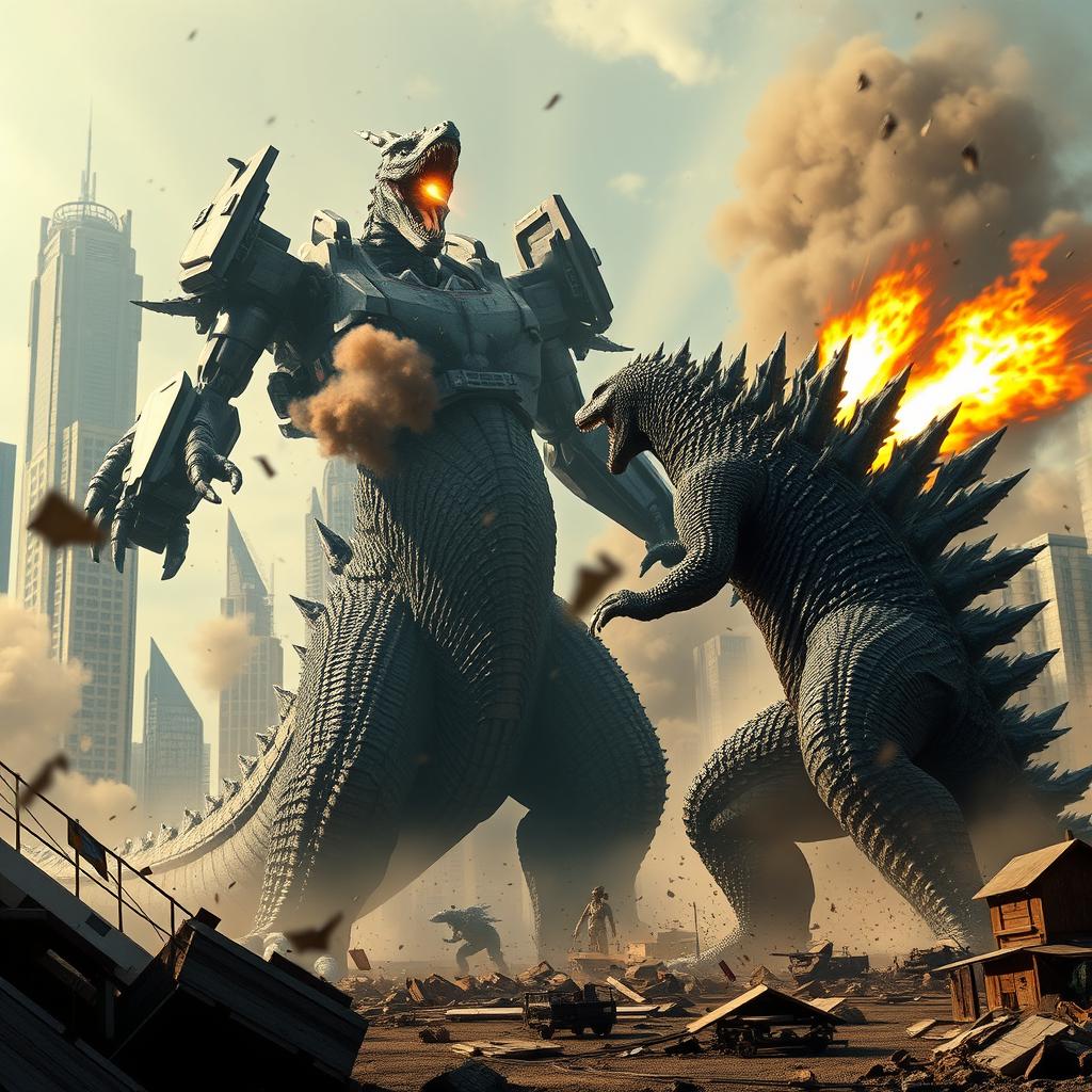 An epic battle scene featuring Godzilla clashing with a towering Jaeger from Pacific Rim