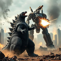 An epic battle scene featuring Godzilla clashing with a towering Jaeger from Pacific Rim