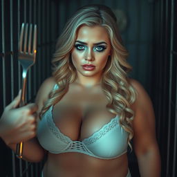 A beautiful and athletic 19-year-old woman with long, wavy blonde hair and vibrant makeup that includes bright frosted pastel blue eyeshadow, thick black eyeliner, and bold pink lipstick